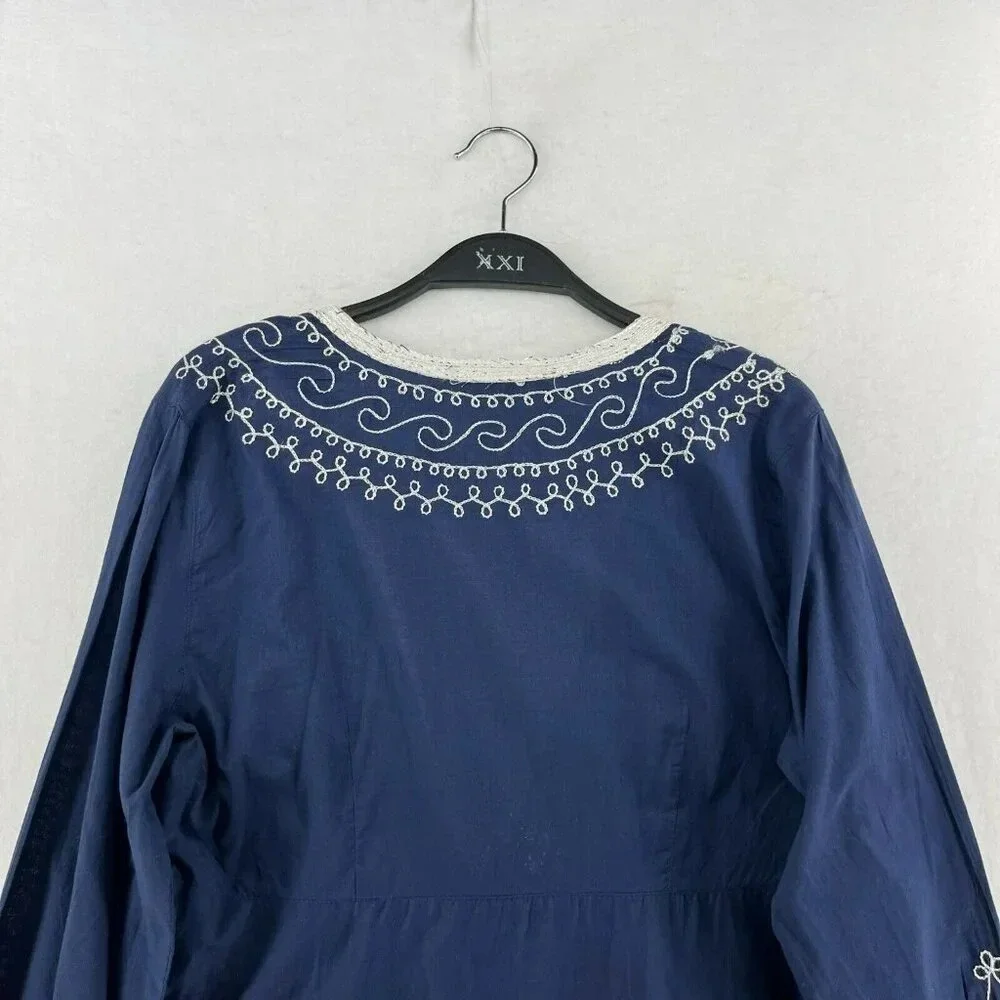 Adrienne Vittadini Dress Tunic M Blue Embroidered V Neck Flare Hem Unlined Boho - Picture 8 of 13
